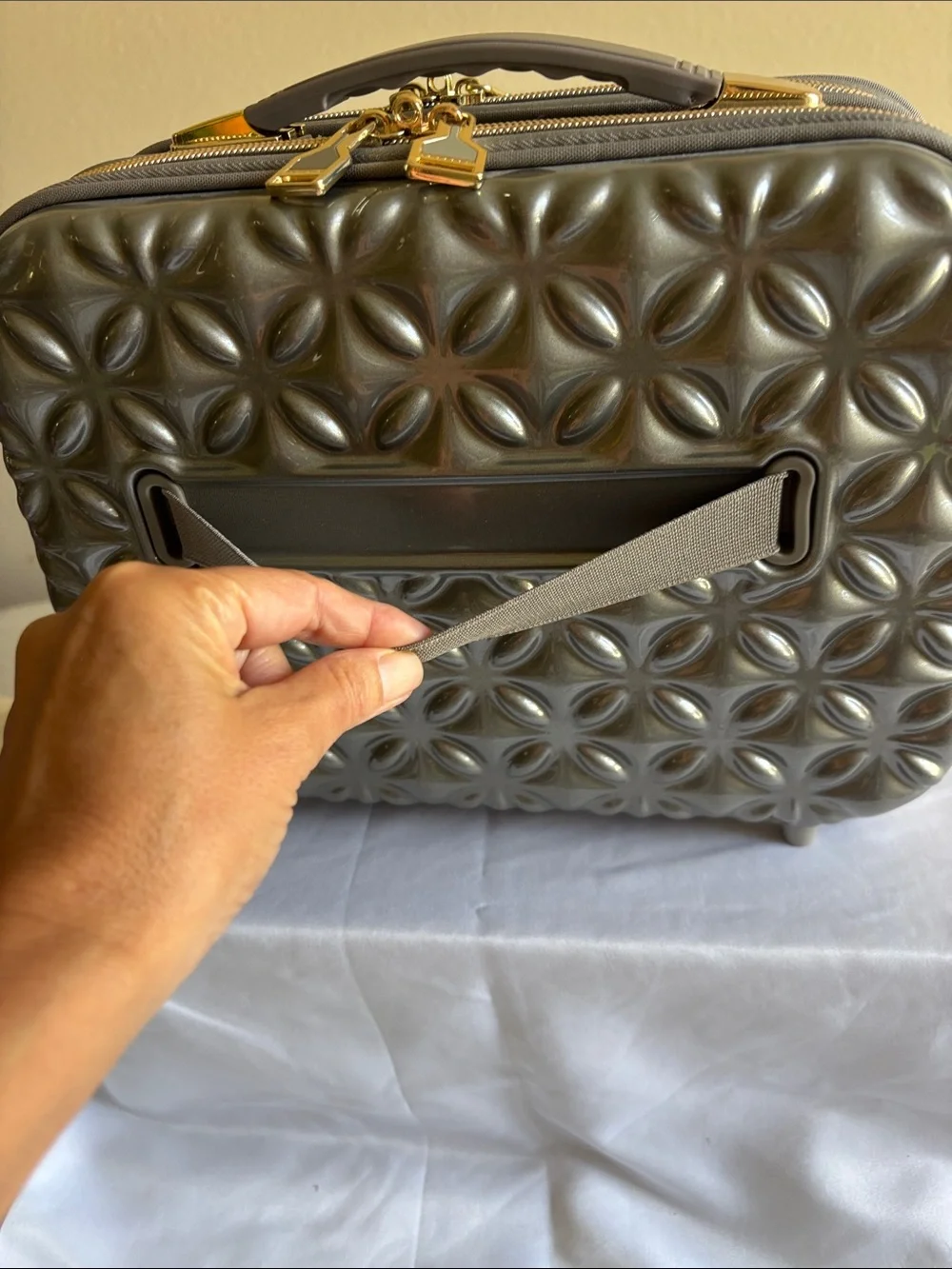 Metallic Gray Quilted Cosmetic Case with Gold Accents
